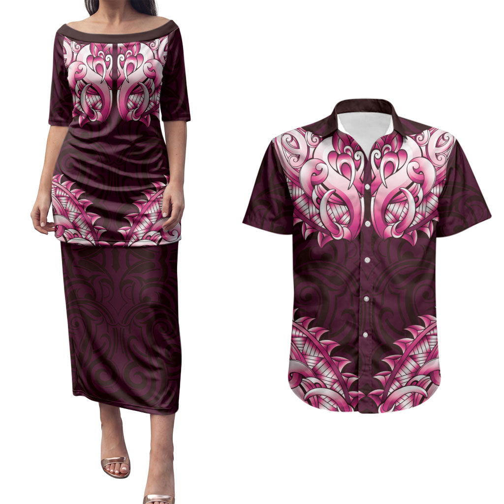 New Zealand Ta Moko Couples Matching Puletasi and Hawaiian Shirt Aotearoa Maori Chest Tattoo Pink LT14 Pink - Polynesian Pride
