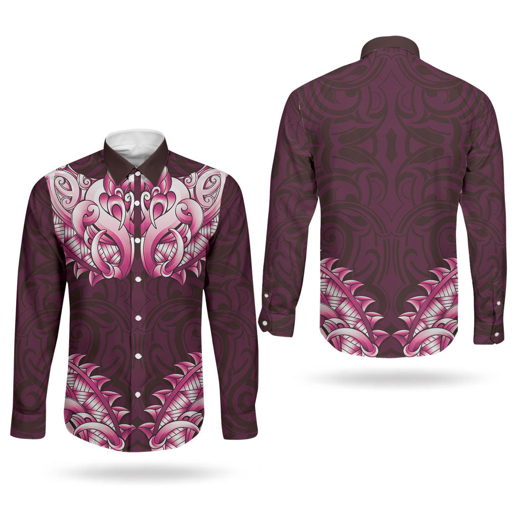 New Zealand Ta Moko Couples Matching Puletasi and Long Sleeve Button Shirt Aotearoa Maori Chest Tattoo Pink