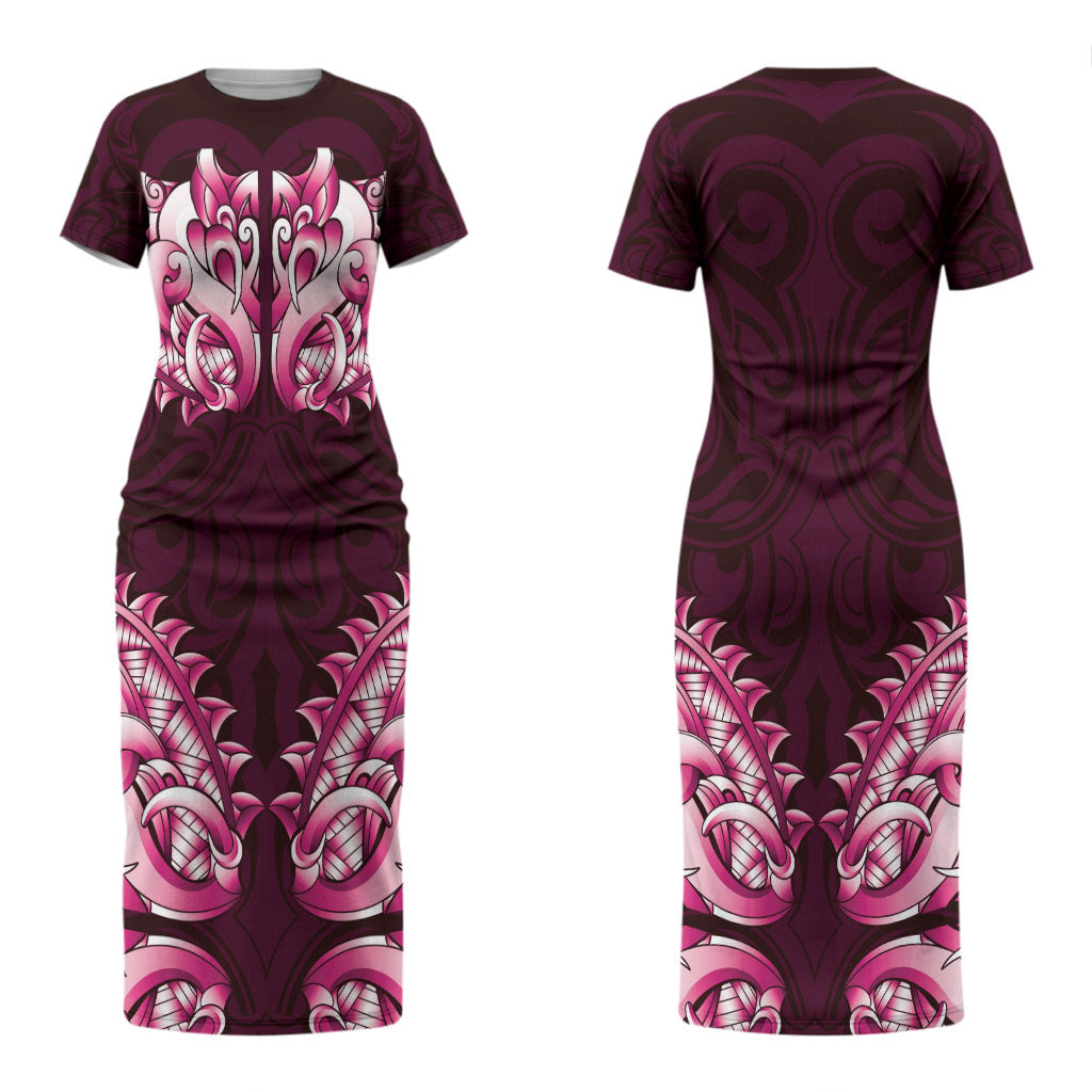 New Zealand Ta Moko Couples Matching Short Sleeve Bodycon Dress and Long Sleeve Button Shirt Aotearoa Maori Chest Tattoo Pink