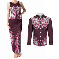 New Zealand Ta Moko Couples Matching Tank Maxi Dress and Long Sleeve Button Shirt Aotearoa Maori Chest Tattoo Pink