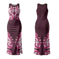 New Zealand Ta Moko Couples Matching Tank Maxi Dress and Long Sleeve Button Shirt Aotearoa Maori Chest Tattoo Pink