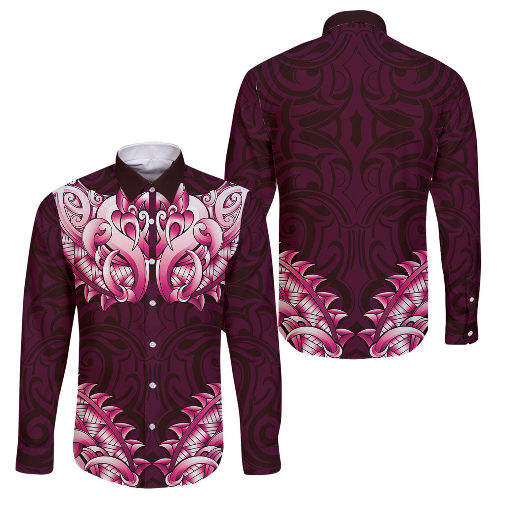 New Zealand Ta Moko Family Matching Off Shoulder Maxi Dress and Hawaiian Shirt Aotearoa Maori Chest Tattoo Pink