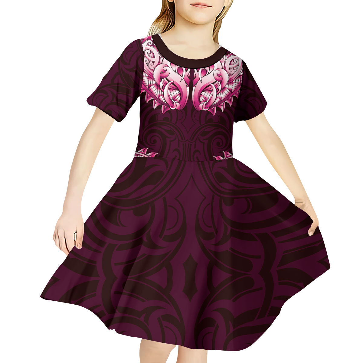 New Zealand Ta Moko Kid Short Sleeve Dress Aotearoa Maori Chest Tattoo Pink
