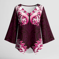 New Zealand Ta Moko Kimono Sleeve Blouse Aotearoa Maori Chest Tattoo Pink