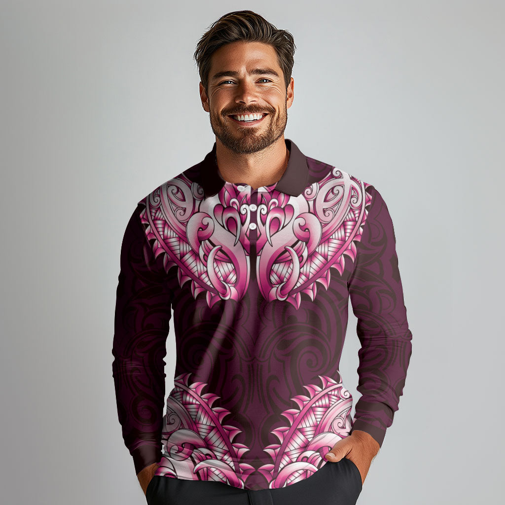 New Zealand Ta Moko Long Sleeve Polo Shirt Aotearoa Maori Chest Tattoo Pink
