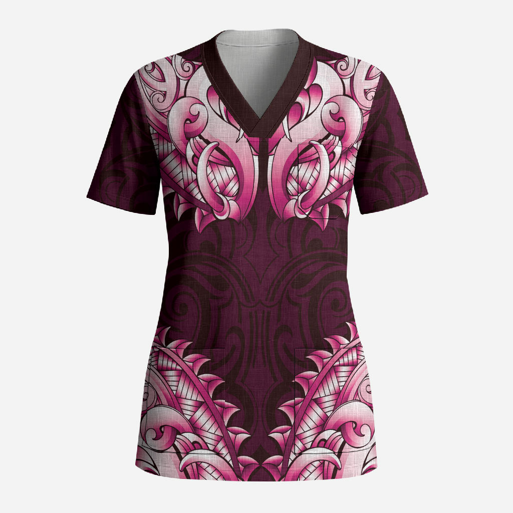 New Zealand Ta Moko Scrub Top Aotearoa Maori Chest Tattoo Pink LT14 Adult Pink - Polynesian Pride