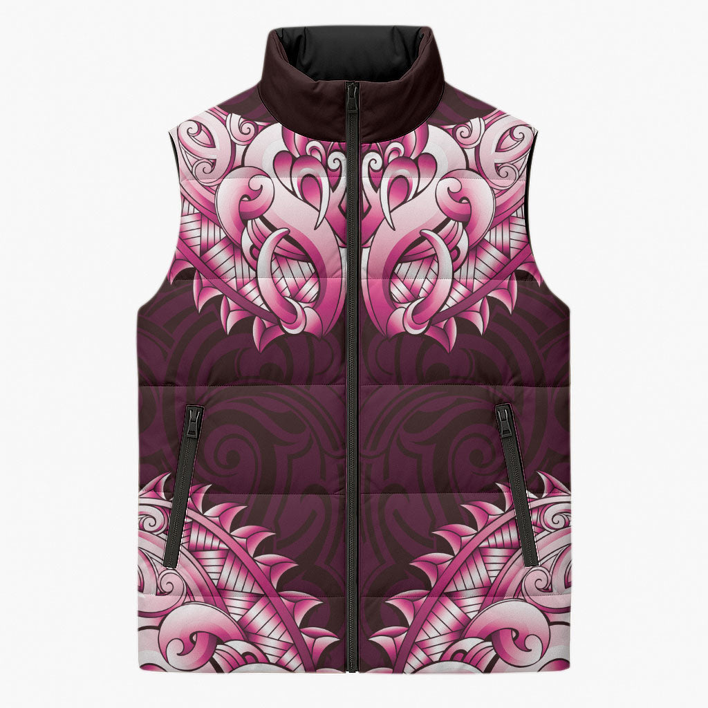 New Zealand Ta Moko Sleeveless Puffer Jacket Aotearoa Maori Chest Tattoo Pink