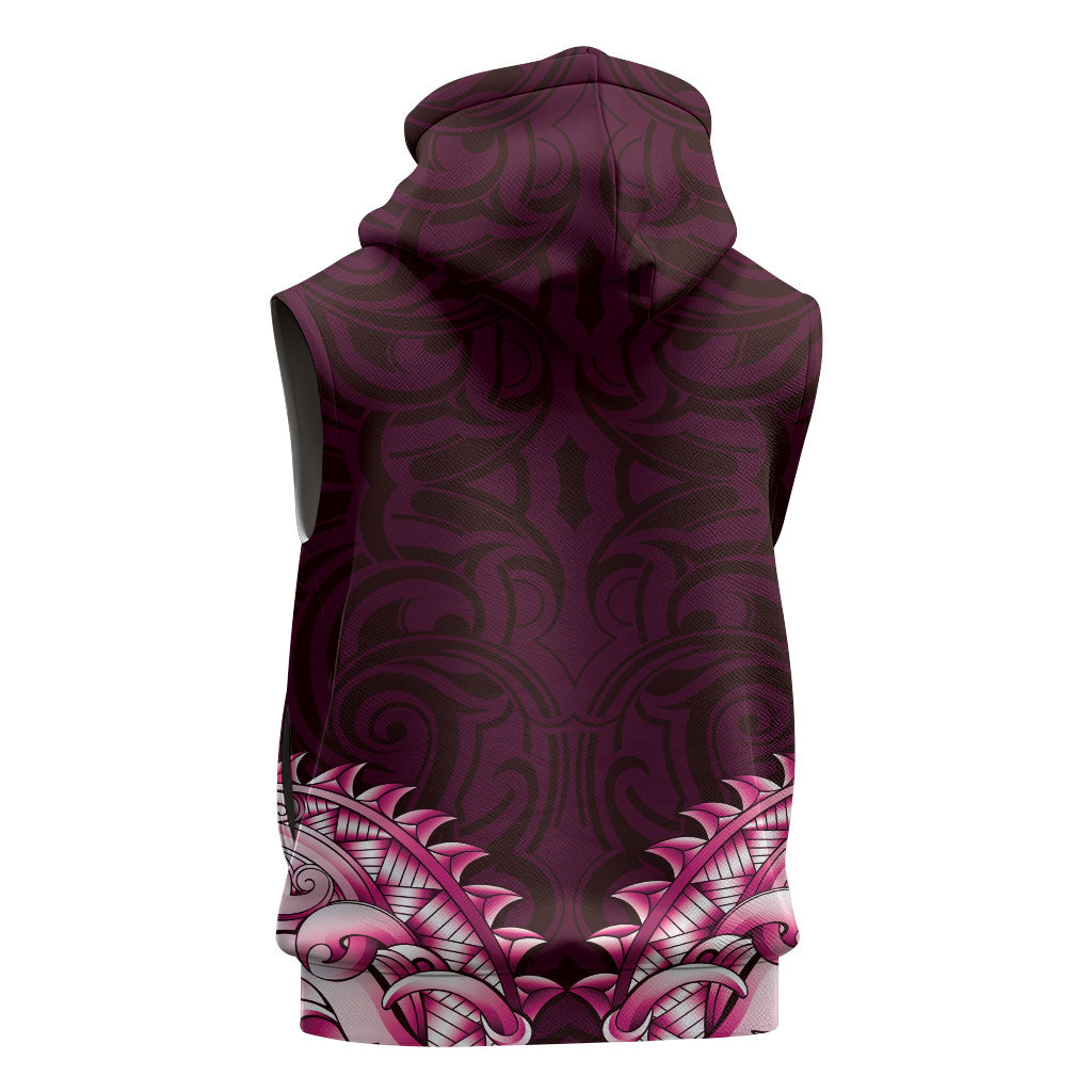 New Zealand Ta Moko Sleeveless Zip Hoodie Aotearoa Maori Chest Tattoo Pink