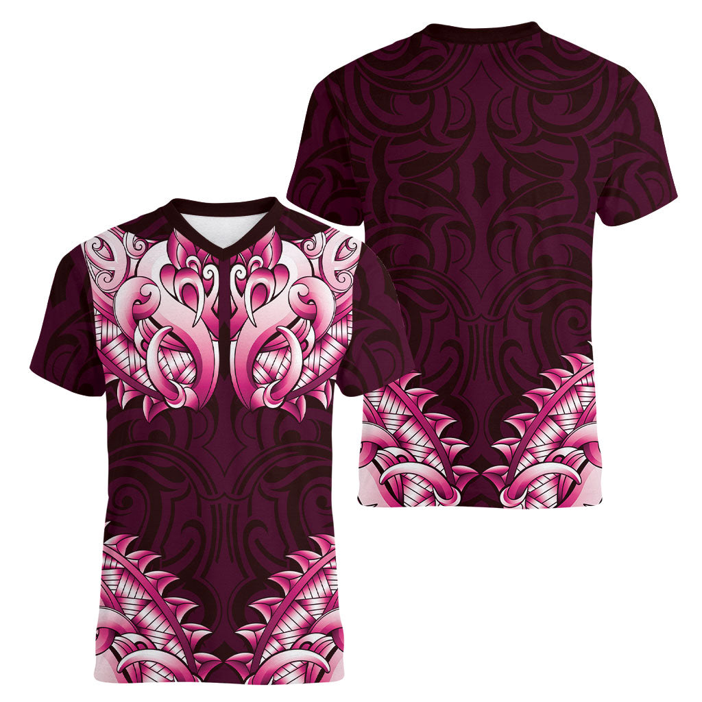 New Zealand Ta Moko Women V-Neck T-Shirt Aotearoa Maori Chest Tattoo Pink