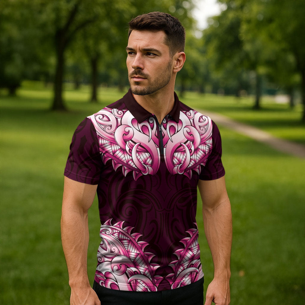 New Zealand Ta Moko Zipper Polo Shirt Aotearoa Maori Chest Tattoo Pink