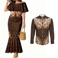 New Zealand Ta Moko Couples Matching Mermaid Dress and Long Sleeve Button Shirt Aotearoa Maori Chest Tattoo Orange