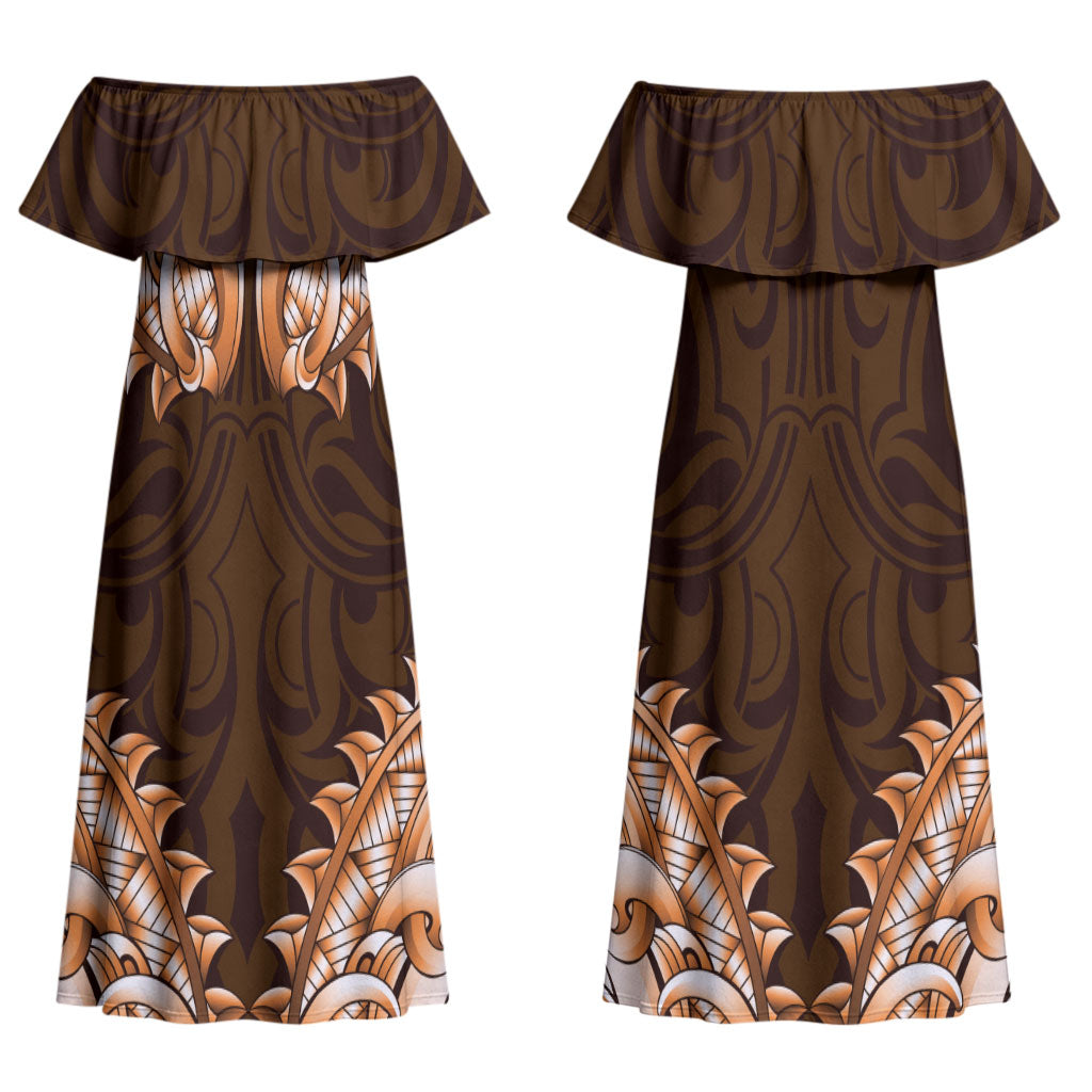 New Zealand Ta Moko Couples Matching Off Shoulder Maxi Dress and Long Sleeve Button Shirt Aotearoa Maori Chest Tattoo Orange