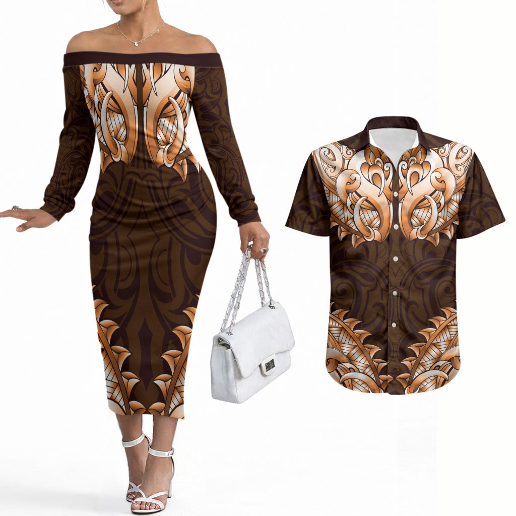 New Zealand Ta Moko Couples Matching Off The Shoulder Long Sleeve Dress and Hawaiian Shirt Aotearoa Maori Chest Tattoo Orange