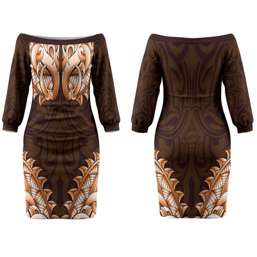 New Zealand Ta Moko Couples Matching Off The Shoulder Long Sleeve Dress and Long Sleeve Button Shirt Aotearoa Maori Chest Tattoo Orange