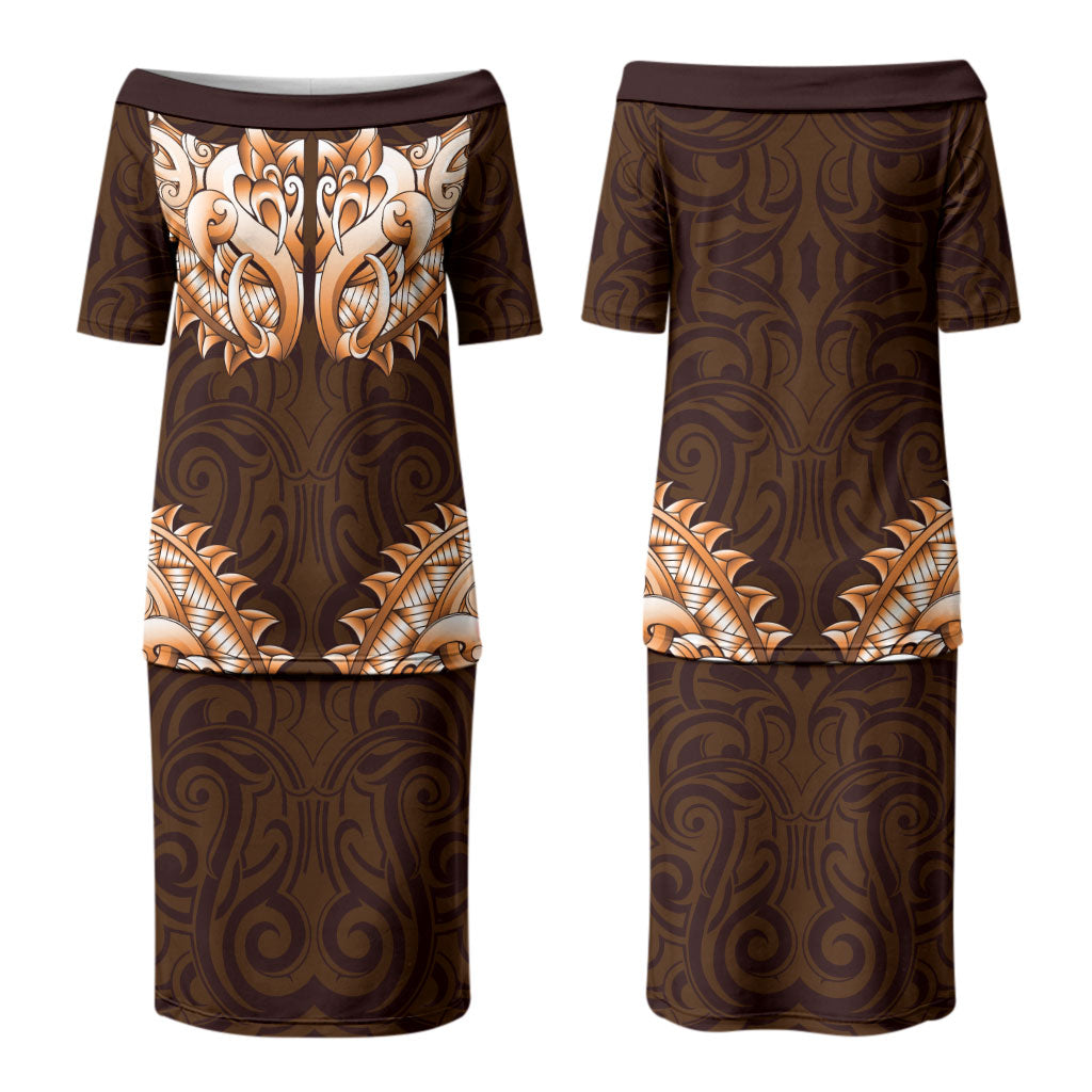 New Zealand Ta Moko Couples Matching Puletasi and Long Sleeve Button Shirt Aotearoa Maori Chest Tattoo Orange