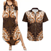 New Zealand Ta Moko Couples Matching Summer Maxi Dress and Hawaiian Shirt Aotearoa Maori Chest Tattoo Orange