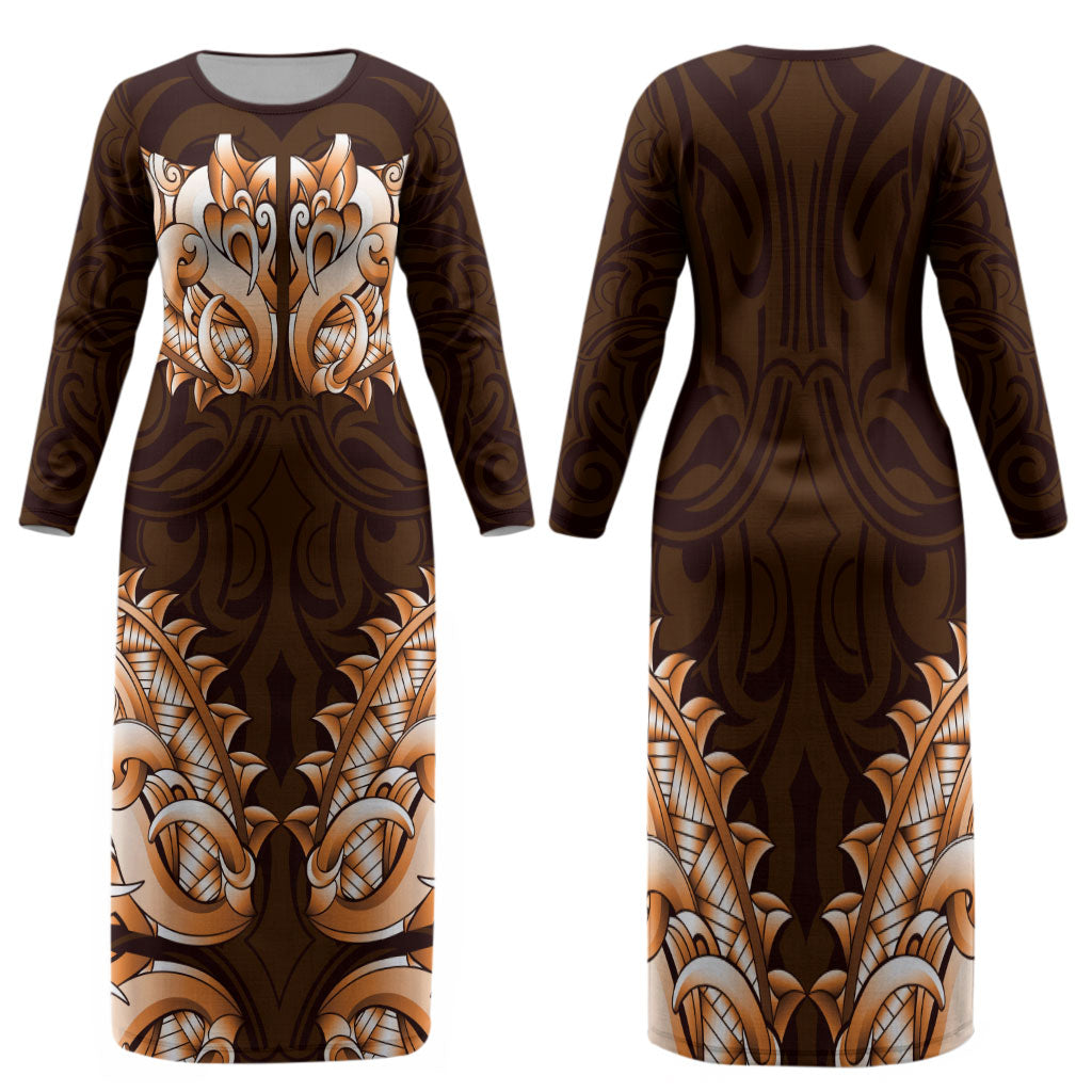 New Zealand Ta Moko Family Matching Long Sleeve Bodycon Dress and Hawaiian Shirt Aotearoa Maori Chest Tattoo Orange