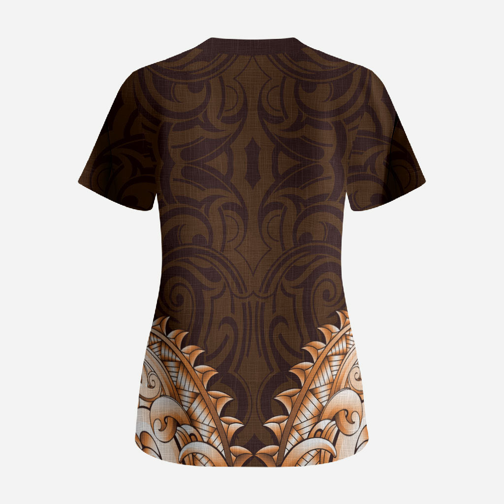 New Zealand Ta Moko Scrub Top Aotearoa Maori Chest Tattoo Orange