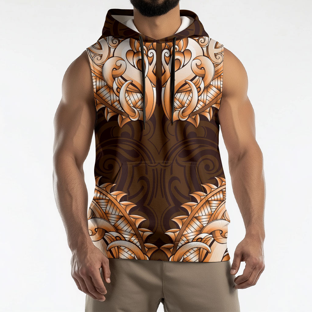 New Zealand Ta Moko Sleeveless Hoodie Aotearoa Maori Chest Tattoo Orange