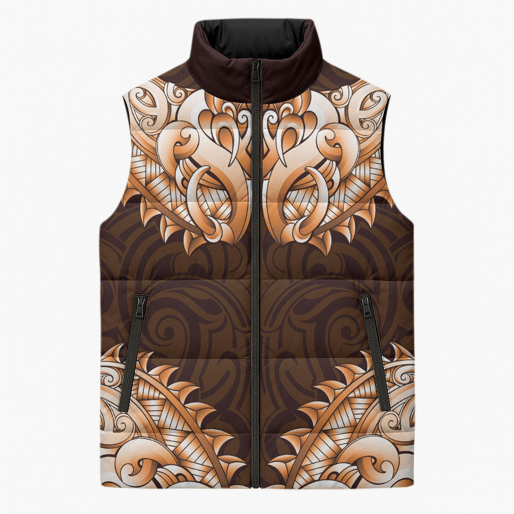 New Zealand Ta Moko Sleeveless Puffer Jacket Aotearoa Maori Chest Tattoo Orange
