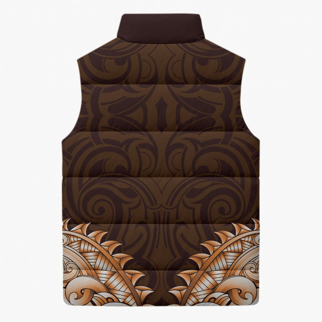 New Zealand Ta Moko Sleeveless Puffer Jacket Aotearoa Maori Chest Tattoo Orange