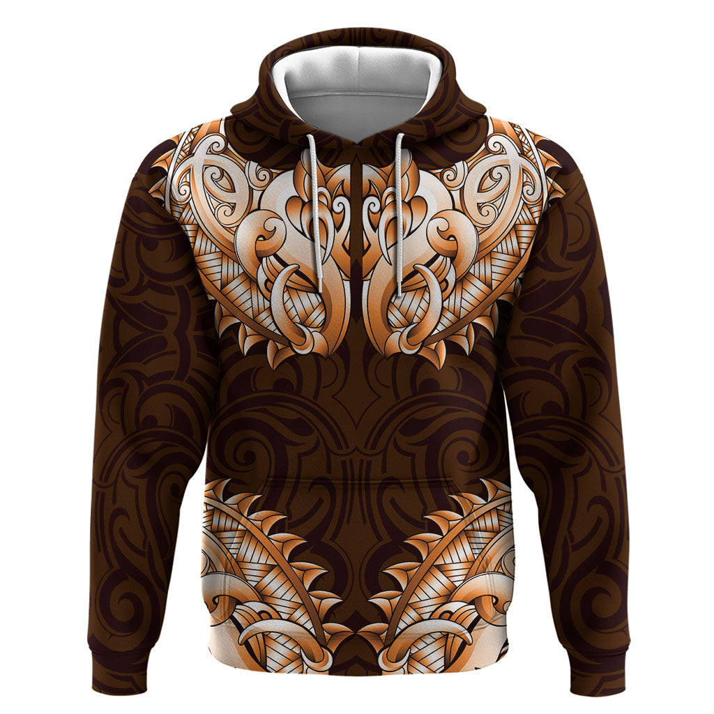 New Zealand Ta Moko Zip Hoodie Aotearoa Maori Chest Tattoo Orange