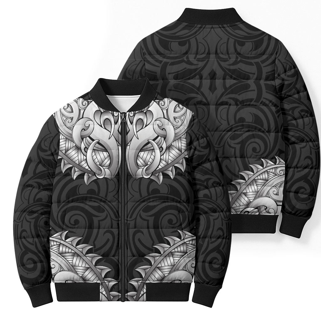 New Zealand Ta Moko Bomber Puffer Jacket Aotearoa Maori Chest Tattoo Black