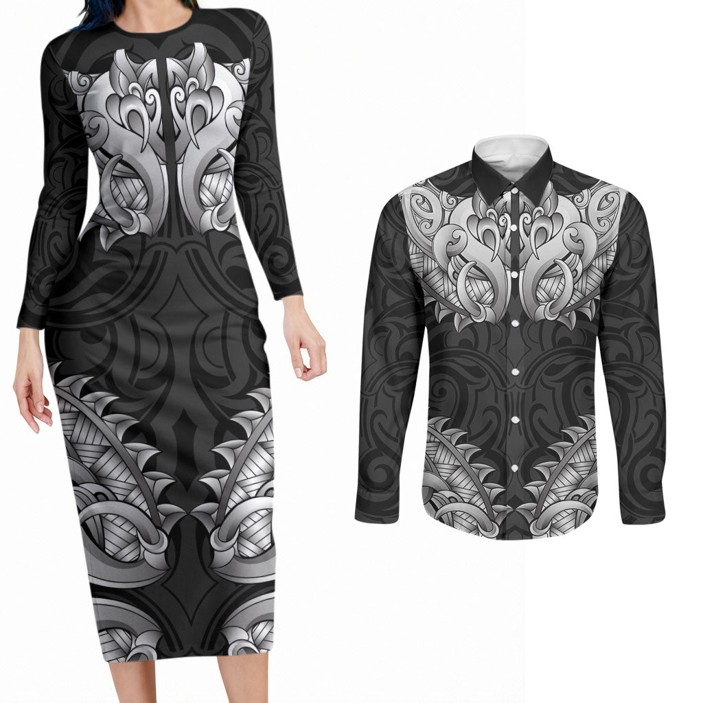 New Zealand Ta Moko Couples Matching Long Sleeve Bodycon Dress and Long Sleeve Button Shirt Aotearoa Maori Chest Tattoo Black