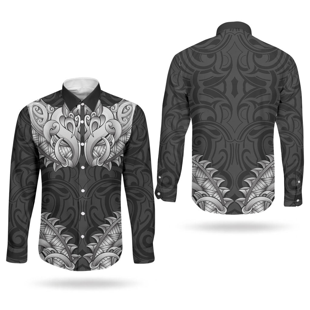 New Zealand Ta Moko Couples Matching Long Sleeve Bodycon Dress and Long Sleeve Button Shirt Aotearoa Maori Chest Tattoo Black