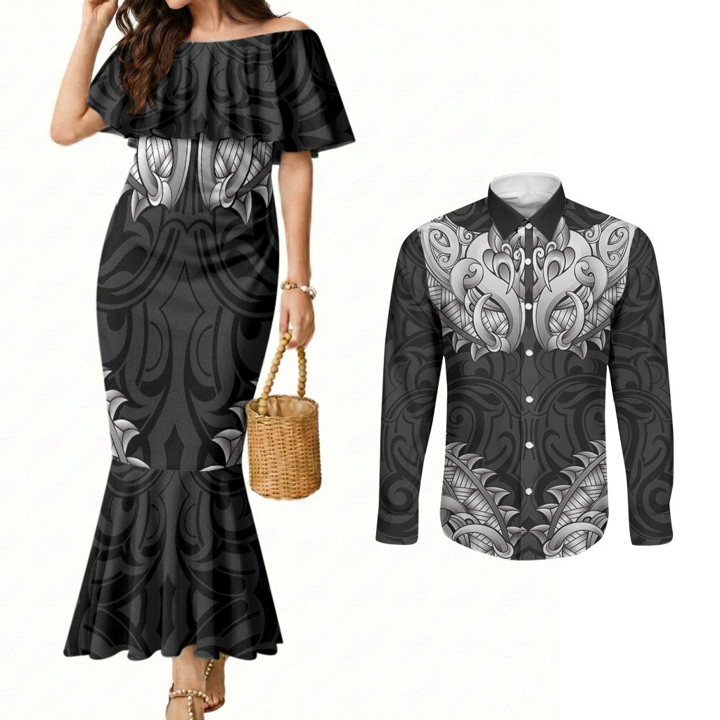 New Zealand Ta Moko Couples Matching Mermaid Dress and Long Sleeve Button Shirt Aotearoa Maori Chest Tattoo Black