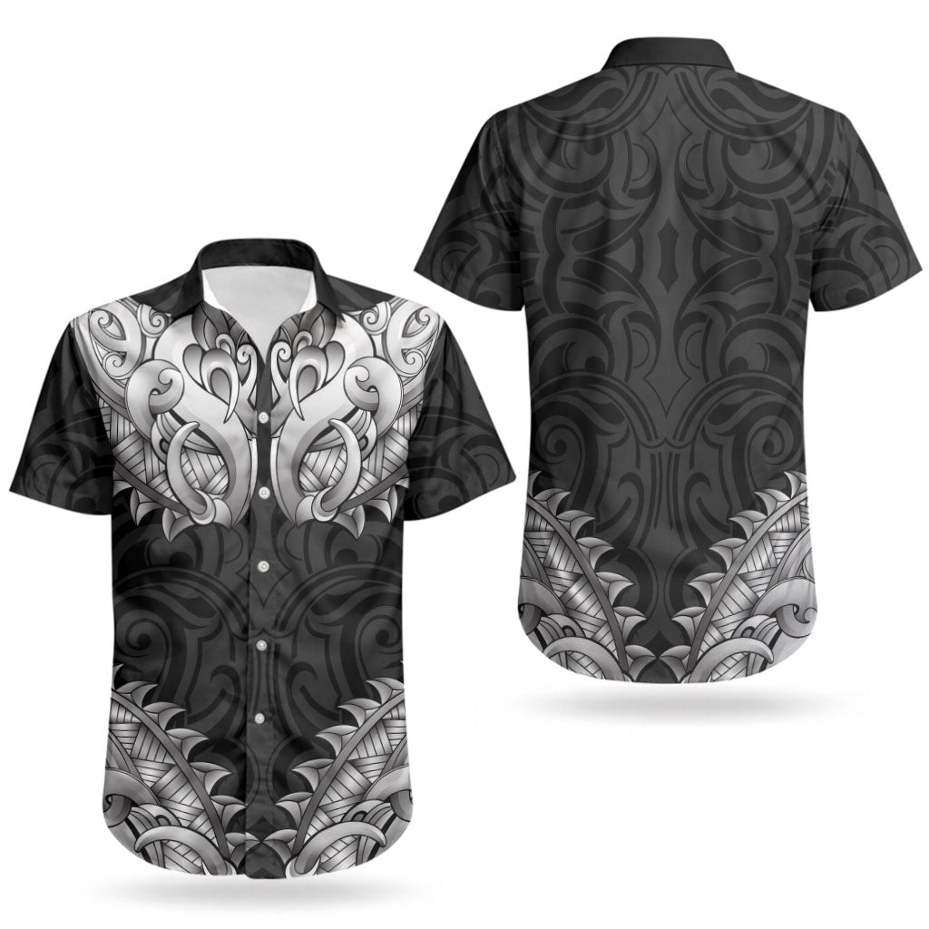 New Zealand Ta Moko Couples Matching Off Shoulder Maxi Dress and Hawaiian Shirt Aotearoa Maori Chest Tattoo Black