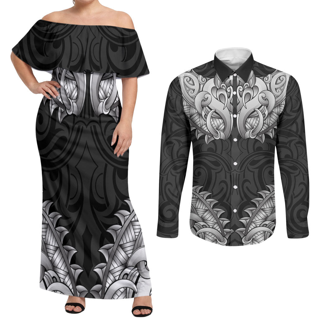 New Zealand Ta Moko Couples Matching Off Shoulder Maxi Dress and Long Sleeve Button Shirt Aotearoa Maori Chest Tattoo Black