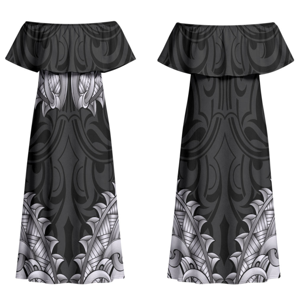 New Zealand Ta Moko Couples Matching Off Shoulder Maxi Dress and Long Sleeve Button Shirt Aotearoa Maori Chest Tattoo Black