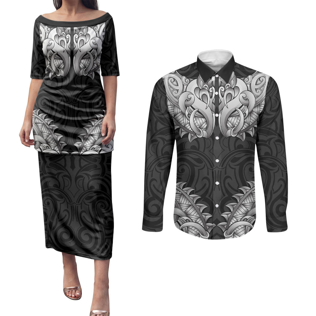 New Zealand Ta Moko Couples Matching Puletasi and Long Sleeve Button Shirt Aotearoa Maori Chest Tattoo Black