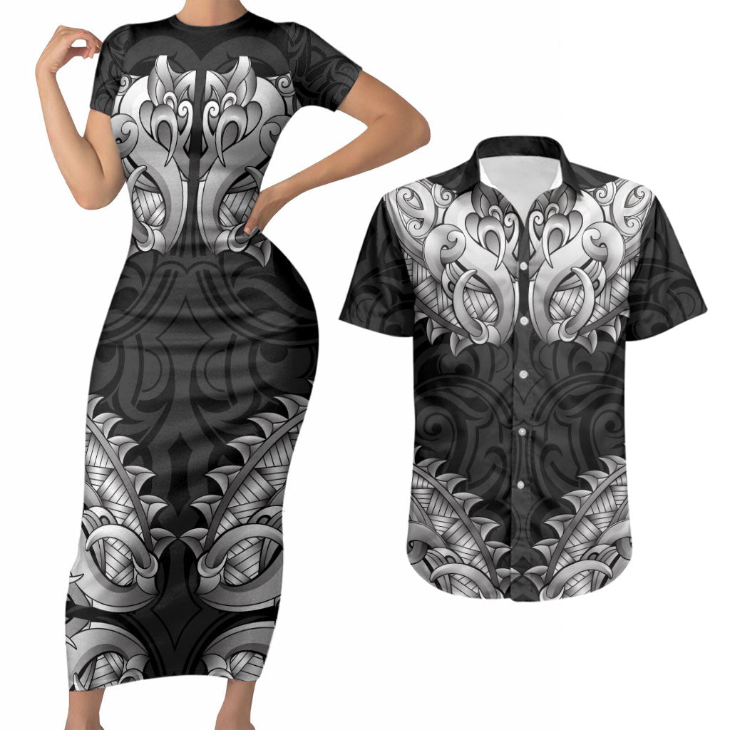 New Zealand Ta Moko Couples Matching Short Sleeve Bodycon Dress and Hawaiian Shirt Aotearoa Maori Chest Tattoo Black
