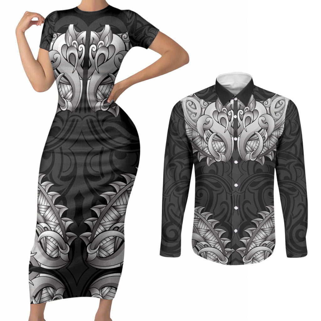 New Zealand Ta Moko Couples Matching Short Sleeve Bodycon Dress and Long Sleeve Button Shirt Aotearoa Maori Chest Tattoo Black