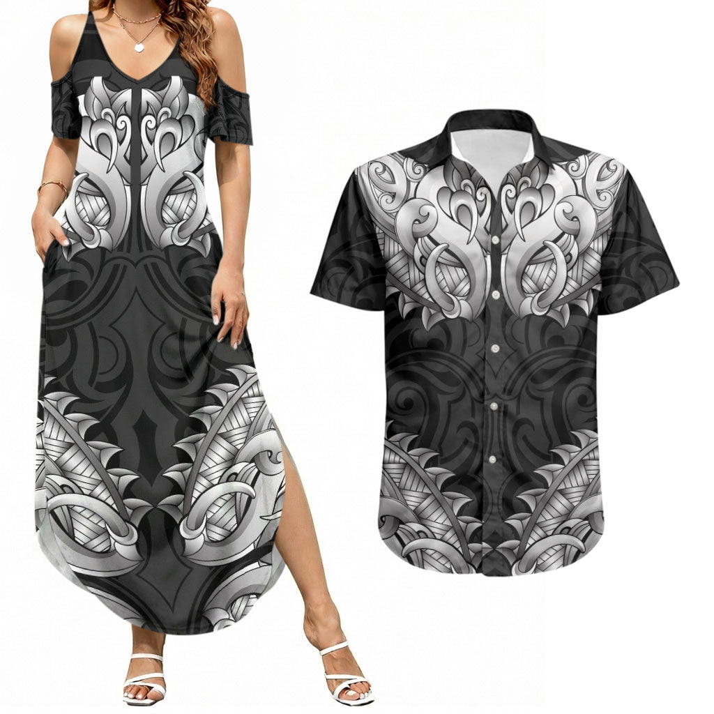 New Zealand Ta Moko Couples Matching Summer Maxi Dress and Hawaiian Shirt Aotearoa Maori Chest Tattoo Black