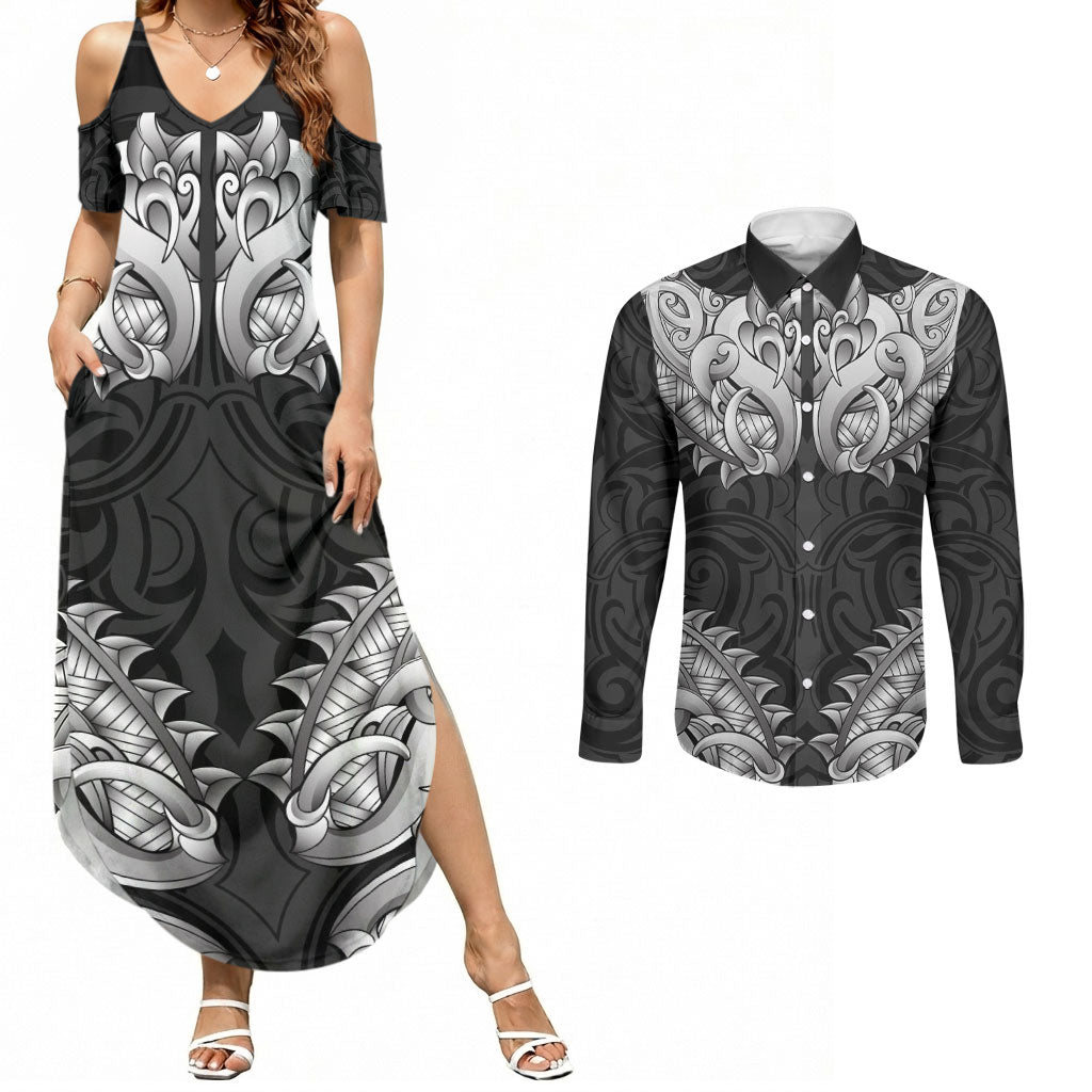 New Zealand Ta Moko Couples Matching Summer Maxi Dress and Long Sleeve Button Shirt Aotearoa Maori Chest Tattoo Black