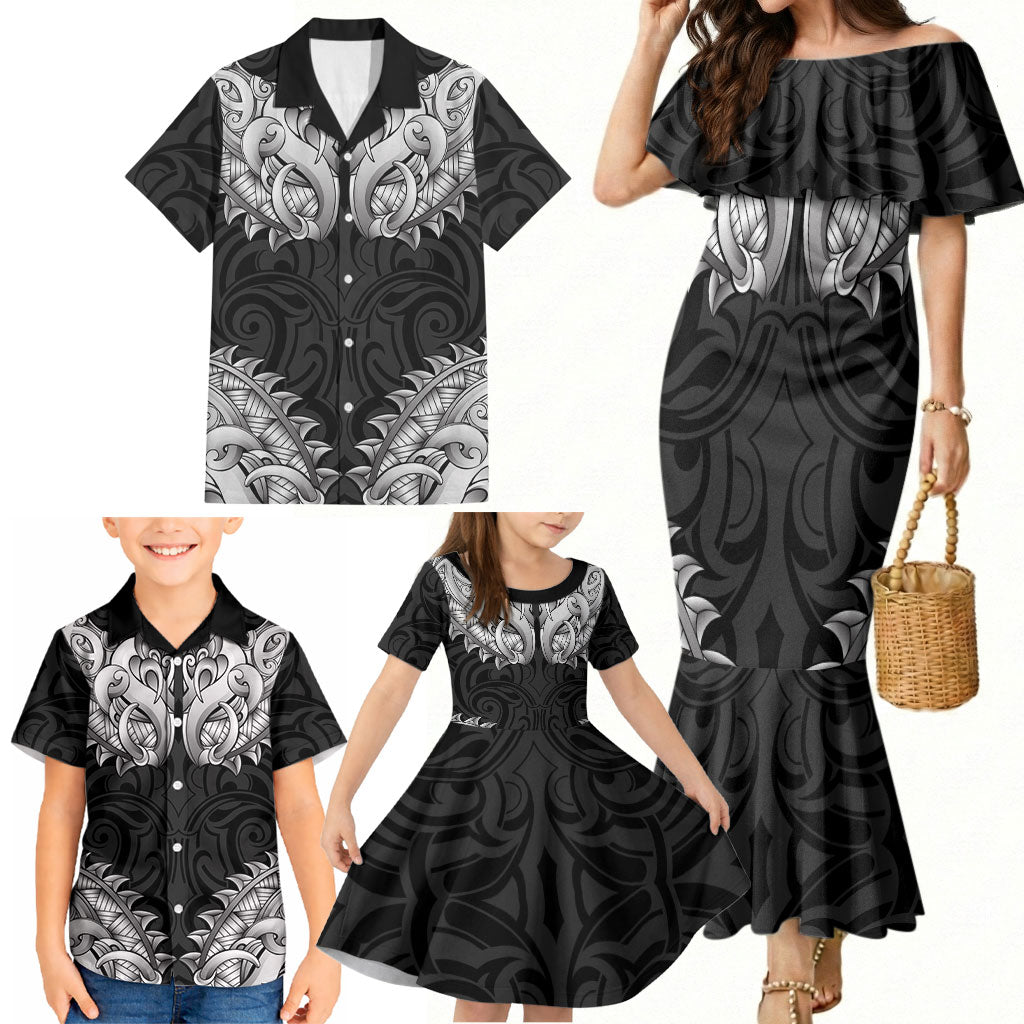 New Zealand Ta Moko Family Matching Mermaid Dress and Hawaiian Shirt Aotearoa Maori Chest Tattoo Black