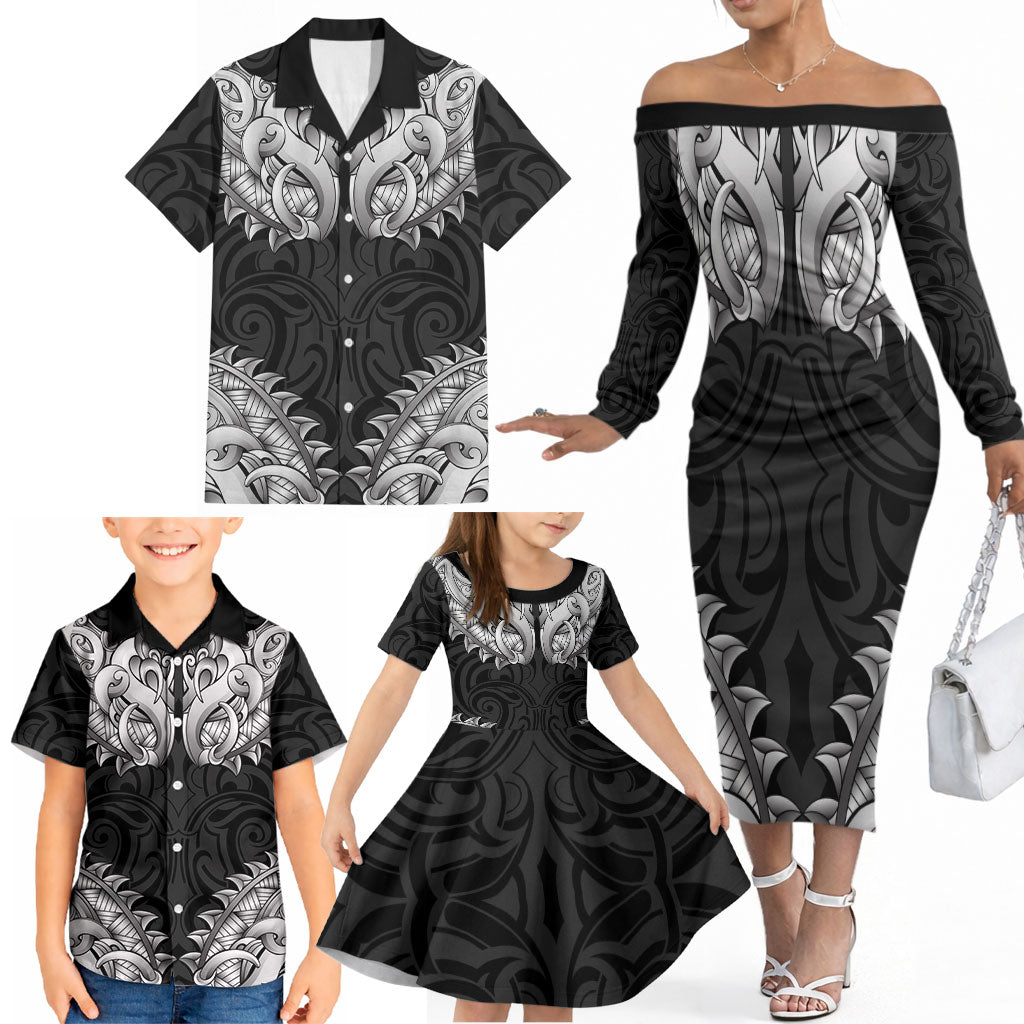 New Zealand Ta Moko Family Matching Off The Shoulder Long Sleeve Dress and Hawaiian Shirt Aotearoa Maori Chest Tattoo Black