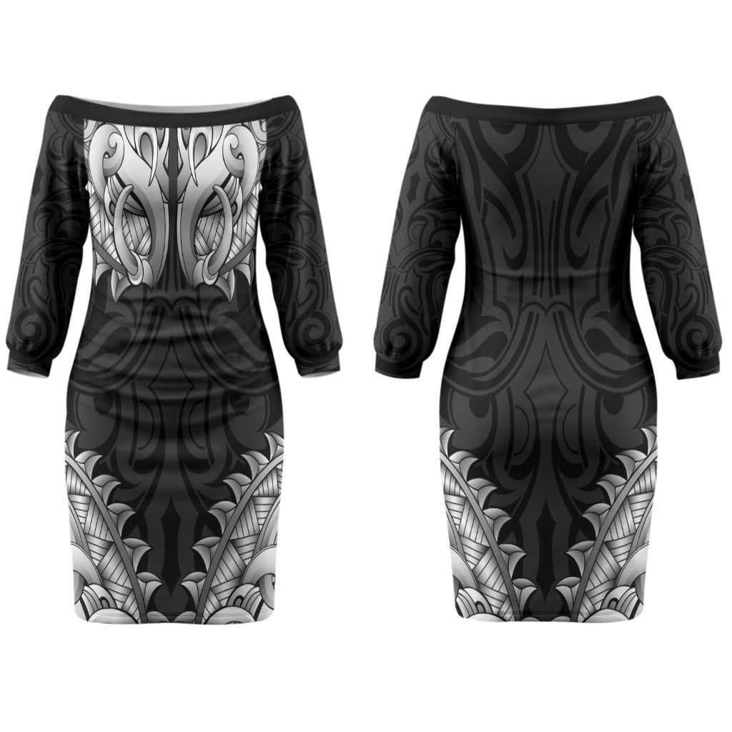 New Zealand Ta Moko Family Matching Off The Shoulder Long Sleeve Dress and Hawaiian Shirt Aotearoa Maori Chest Tattoo Black