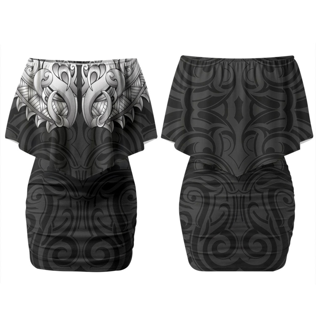 New Zealand Ta Moko Family Matching Off Shoulder Short Dress and Hawaiian Shirt Aotearoa Maori Chest Tattoo Black