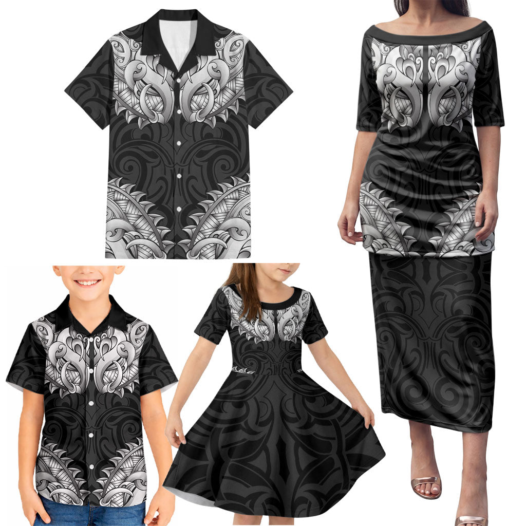 New Zealand Ta Moko Family Matching Puletasi and Hawaiian Shirt Aotearoa Maori Chest Tattoo Black