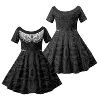 New Zealand Ta Moko Family Matching Short Sleeve Bodycon Dress and Hawaiian Shirt Aotearoa Maori Chest Tattoo Black
