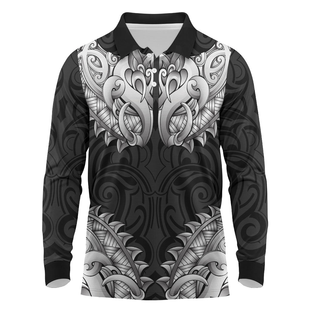 New Zealand Ta Moko Long Sleeve Polo Shirt Aotearoa Maori Chest Tattoo Black