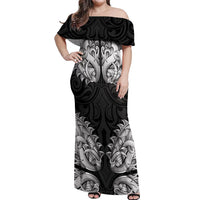 New Zealand Ta Moko Off Shoulder Maxi Dress Aotearoa Maori Chest Tattoo Black