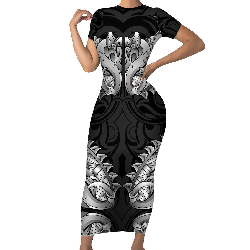 New Zealand Ta Moko Short Sleeve Bodycon Dress Aotearoa Maori Chest Tattoo Black