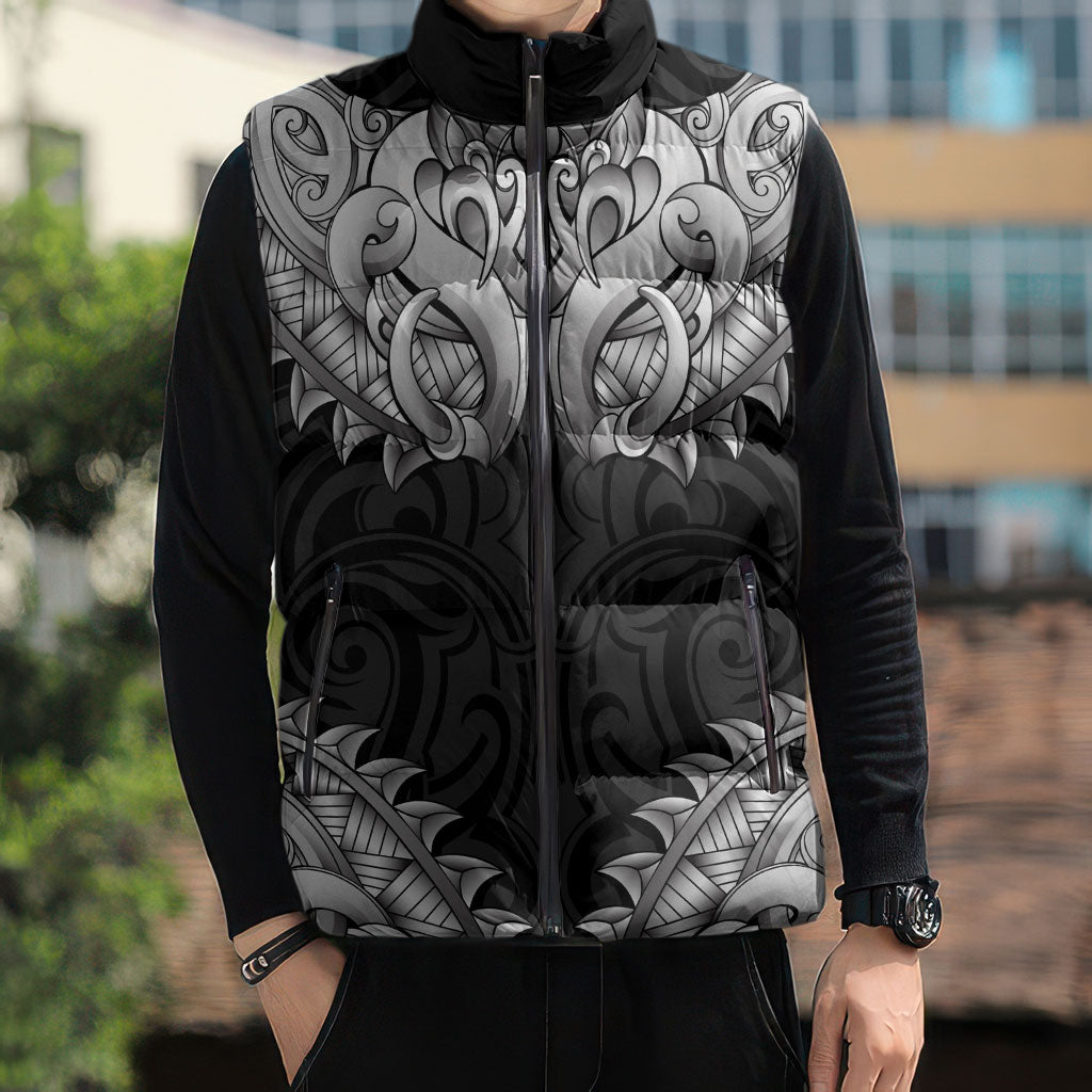 New Zealand Ta Moko Sleeveless Puffer Jacket Aotearoa Maori Chest Tattoo Black