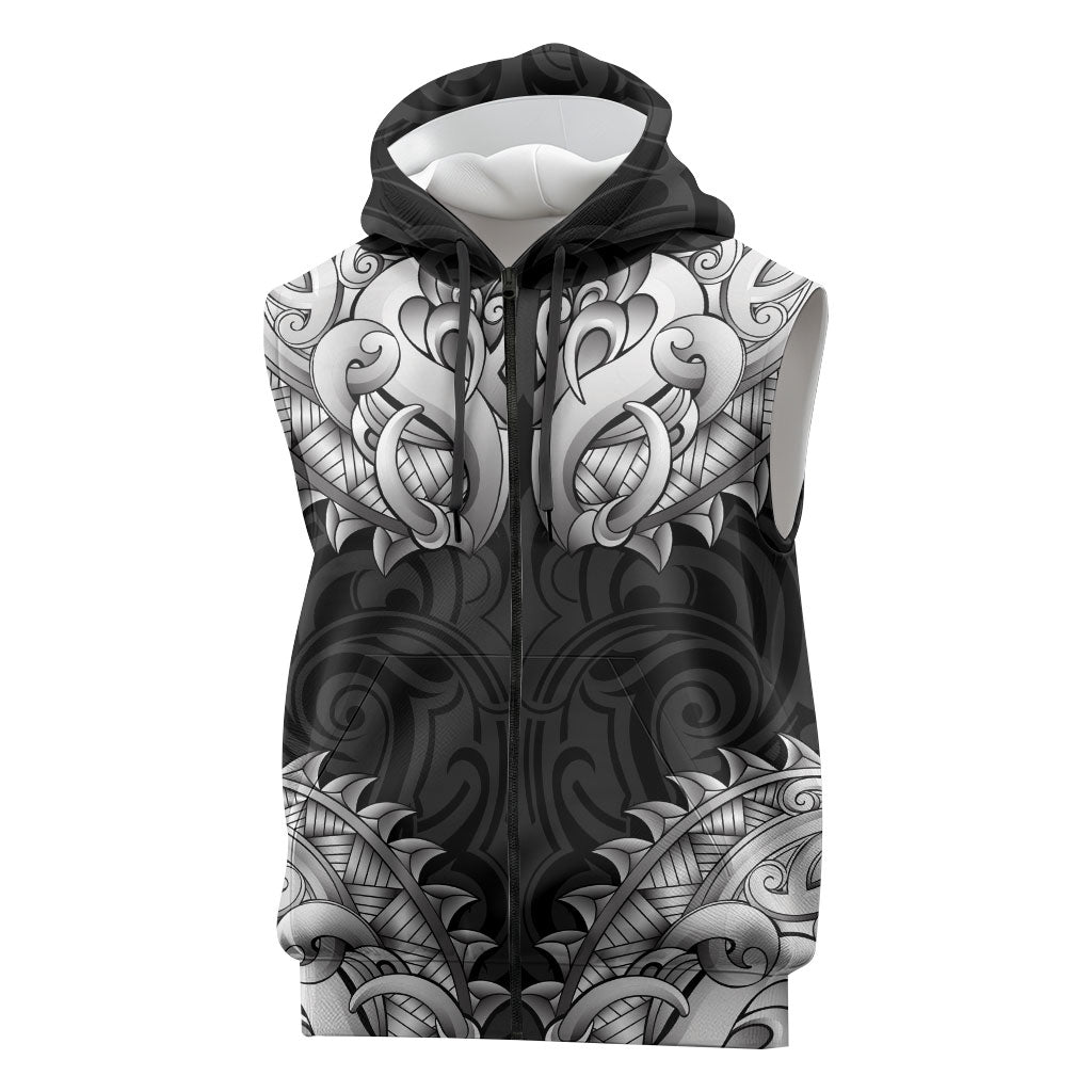 New Zealand Ta Moko Sleeveless Zip Hoodie Aotearoa Maori Chest Tattoo Black