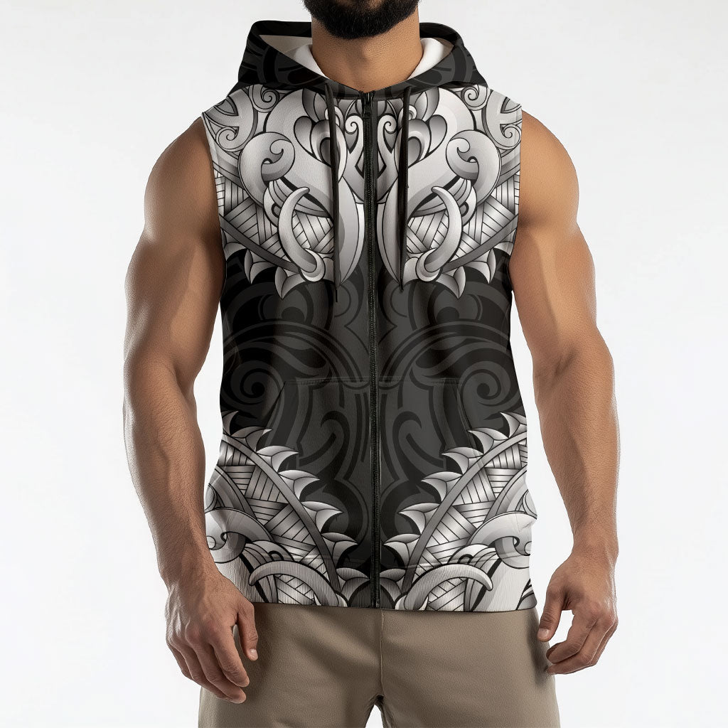 New Zealand Ta Moko Sleeveless Zip Hoodie Aotearoa Maori Chest Tattoo Black